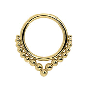 14k yellow gold Bali seam ring with beaded double-row detail and center drop bead, front view