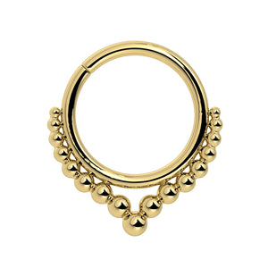 14k yellow gold Bali seam ring with beaded double-row detail and center drop bead, front view