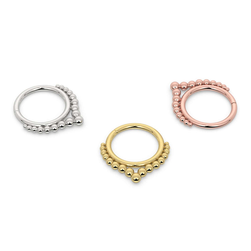 Bali seam ring shown in all three metal options: 14k white gold, yellow gold, and rose gold