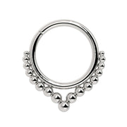 14k white gold Bali seam ring with beaded double-row design and center drop bead, front view