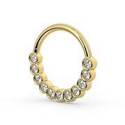Side profile of 14k yellow gold bubbles seam ring showing rounded bezel depth and stone sparkle