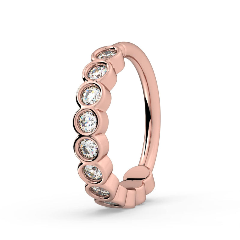14k rose gold bubbles seam ring with CZ stones, side profile showing smooth plain back arc