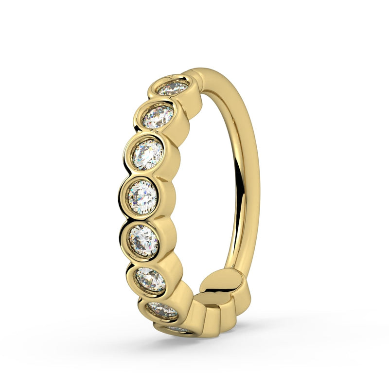 14k yellow gold bubbles seam ring with CZ bubble bezels, side profile view on white background