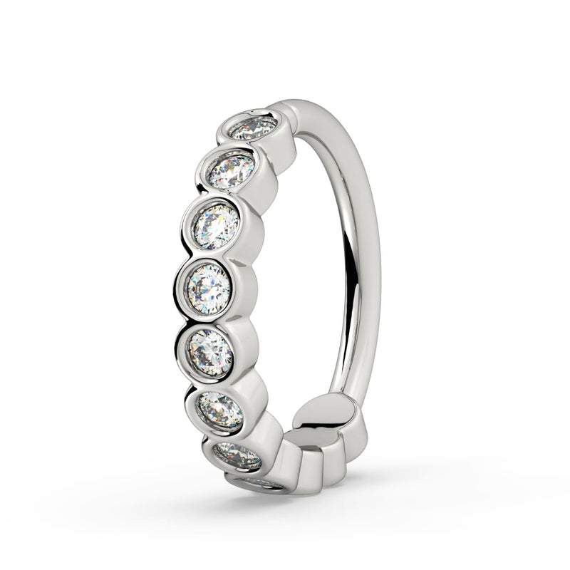 14k white gold bubbles seam ring with CZ bezel settings, side profile showing smooth back arc