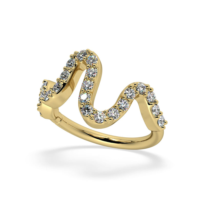 14k yellow gold Cosmo CZ seam ring, opposite angled view showing wave detail and seamless back