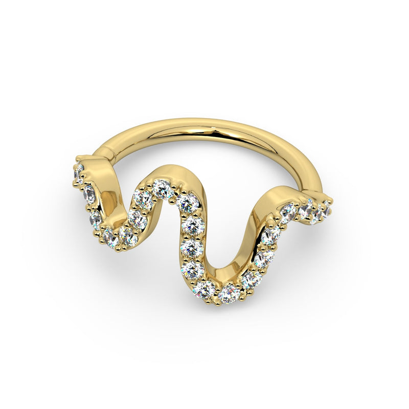 14k yellow gold Cosmo seam ring with wave CZ design, front view showing seamless closure