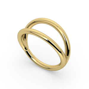 14k yellow gold double split seam ring, angled front view showing dual-band design