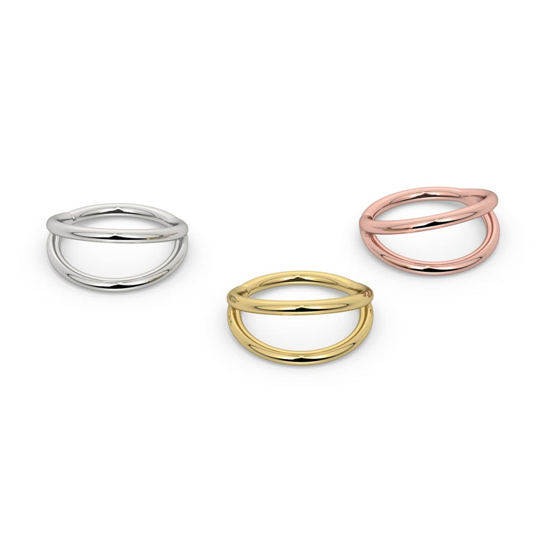 Double split seam ring in all three metal options: 14k white, yellow, and rose gold