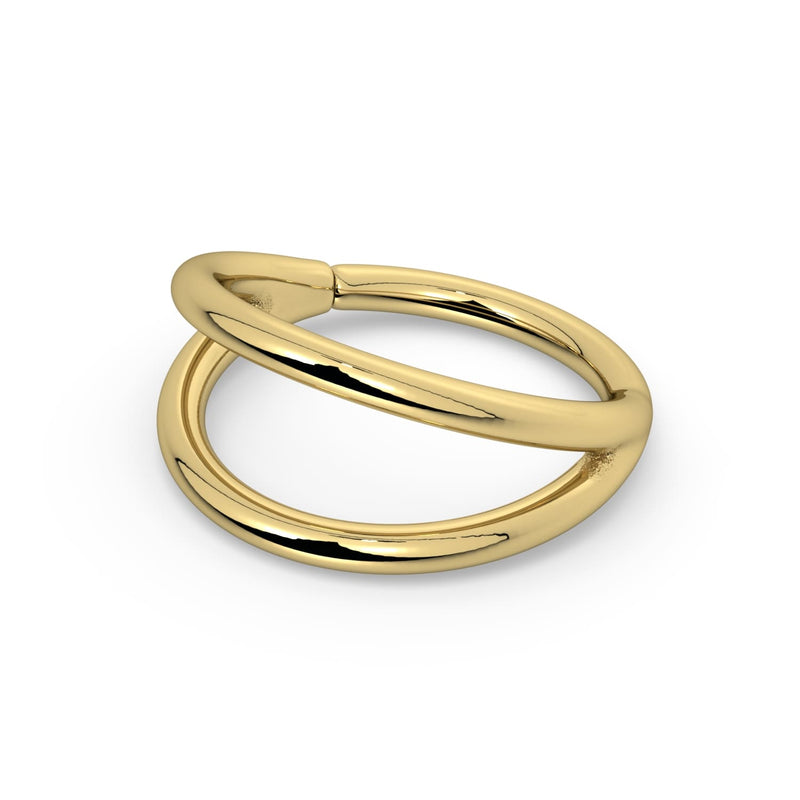 14k yellow gold double split seam ring, side angle highlighting the twisted seam detail