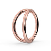 14k rose gold double split seam ring, front view showing polished dual-band silhouette