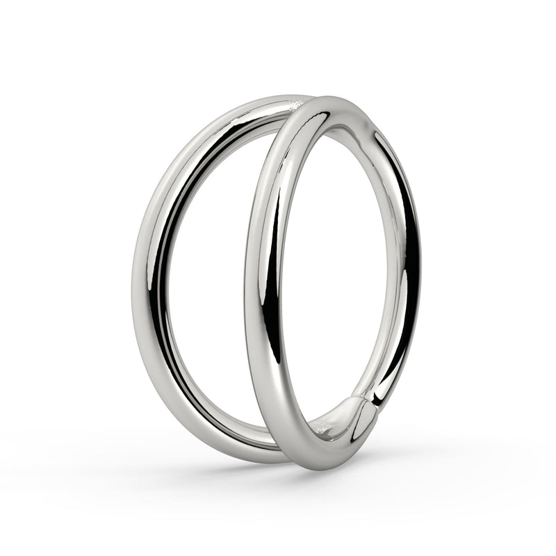 14k white gold double split seam ring, front view showing polished dual-band silhouette