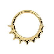 14k yellow gold Hades seam ring with scalloped flame-edge design, front view