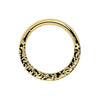 14k yellow gold hammered seam ring, front view showing textured half and smooth seam closure