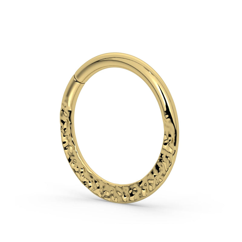 Side profile of 14k yellow gold hammered seam ring highlighting hand-hammered texture detail