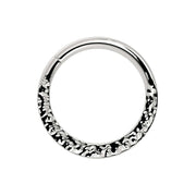 14k white gold hammered seam ring, front view with artisan textured lower half and smooth seam