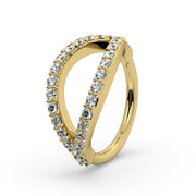 14k yellow gold diamond double split seam ring, side angle highlighting pavé prong settings and split gap