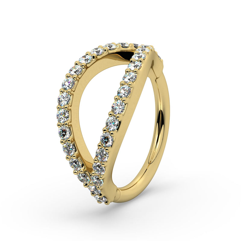 14k yellow gold diamond double split seam ring, side angle highlighting pavé prong settings and split gap