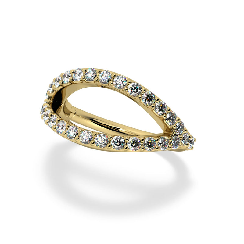 14k yellow gold pavé diamond split seam ring, low angled view emphasizing double row diamond sparkle