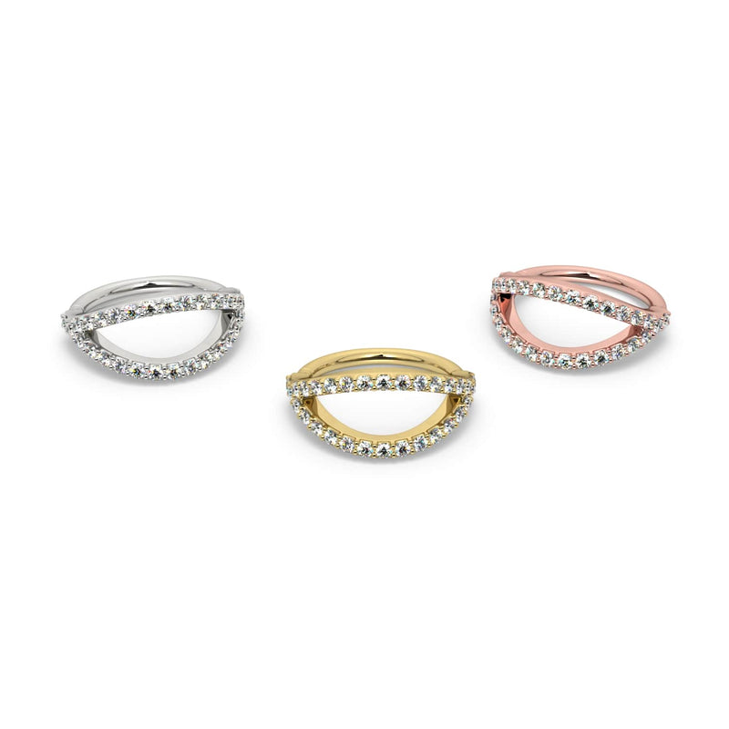 Pavé diamond double split seam ring in all three metal options: white gold, yellow gold, and rose gold