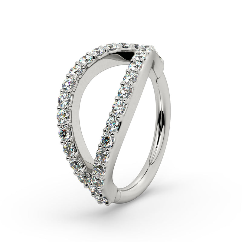 14k white gold pavé diamond double split seam ring, side angle showing sparkling prong-set diamonds
