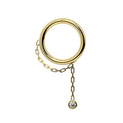14k yellow gold dangle seam ring with bezel-set CZ on paperclip chain, front view