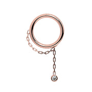 14k rose gold dangle seam ring with bezel-set CZ on paperclip chain, front view
