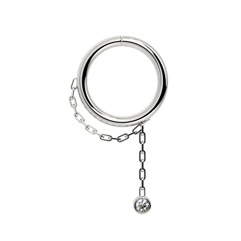14k white gold dangle seam ring with bezel-set CZ suspended from paperclip chain, front view