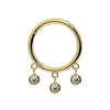 14k yellow gold triple bezel dangle seam ring with three CZ charms, front view