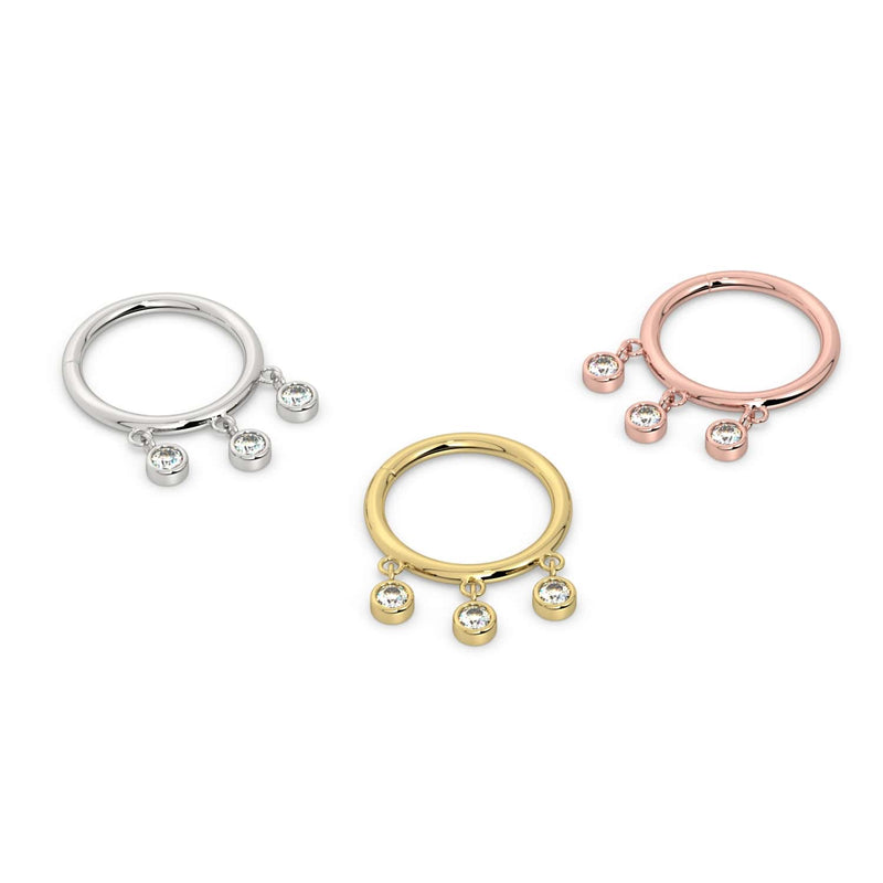 Triple bezel dangle seam ring shown in all three metal colors: white gold, yellow gold, and rose gold