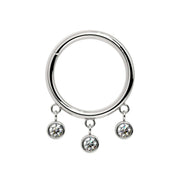 14k white gold triple bezel dangle seam ring with three bezel-set CZ charms, front view