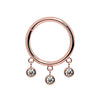 14k rose gold triple bezel dangle seam ring with three bezel-set CZ charms, front view