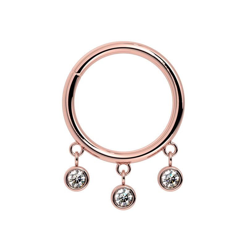 14k rose gold triple bezel dangle seam ring with three bezel-set CZ charms, front view