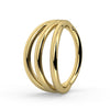 14k yellow gold triple split seam ring showing three parallel bands, angled side view