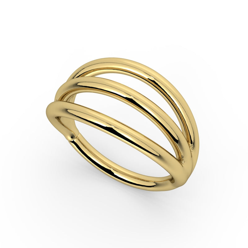 14k yellow gold triple split seam ring viewed from above, showing full three-band width and polish