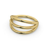 14k yellow gold triple split seam ring, top-down view highlighting three-band seamless design