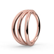14k rose gold triple split seam ring with three smooth parallel bands, angled side view