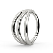 14k white gold triple split seam ring with three polished parallel bands, angled side view