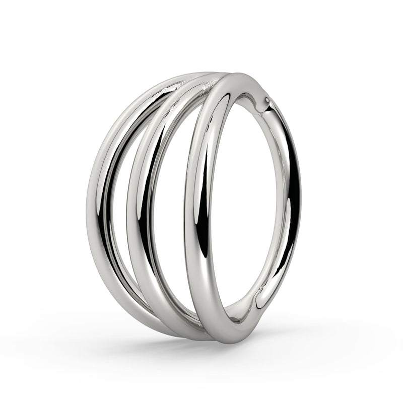 14k white gold triple split seam ring with three polished parallel bands, angled side view
