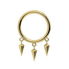14k yellow gold triple spike dangle seam ring, front view showing three pyramid spikes