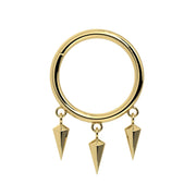 14k yellow gold triple spike dangle seam ring, front view showing three pyramid spikes