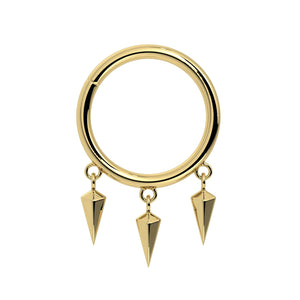 14k yellow gold triple spike dangle seam ring, front view showing three pyramid spikes