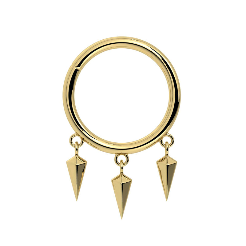 14k yellow gold triple spike dangle seam ring, front view showing three pyramid spikes