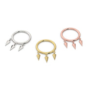 Triple spike dangle seam ring in all three metal options: 14k white gold, yellow gold, and rose gold