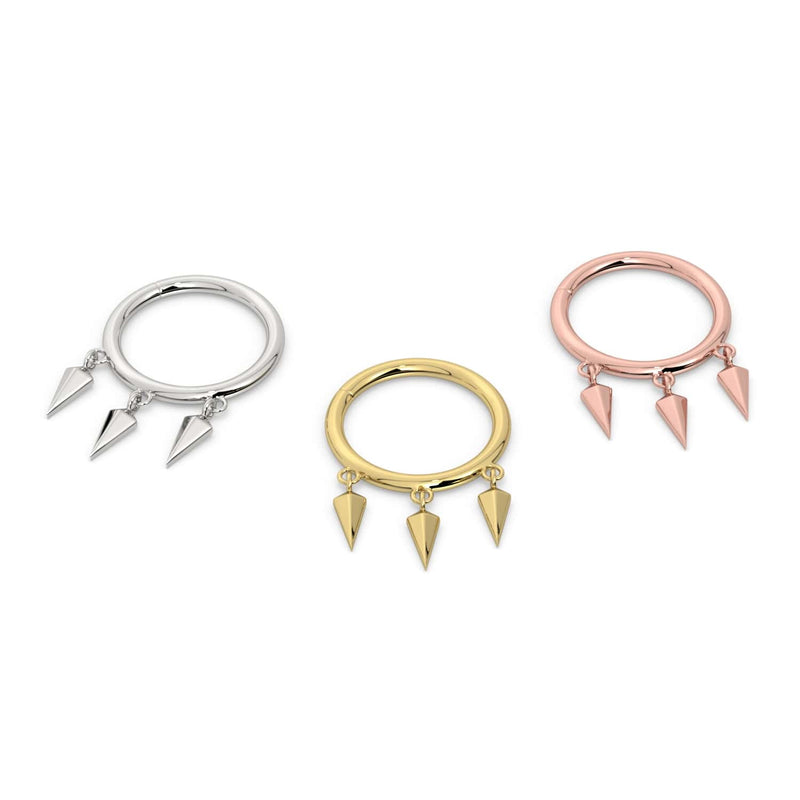 Triple spike dangle seam ring in all three metal options: 14k white gold, yellow gold, and rose gold