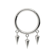 14k white gold triple spike dangle seam ring, front view with three dangling pyramid spikes