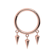 14k rose gold triple spike dangle seam ring, front view showing polished band and three spike charms