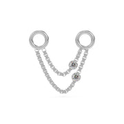 14K white gold duo diamond piercing chain connector with layered box chains and two bezel diamonds
