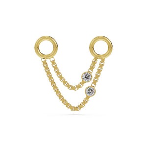 14K yellow gold duo diamond piercing chain connector with dual box chains and bezel-set diamonds