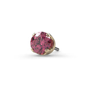 Close-up of 2.5mm pink diamond threadless push-pin end in 14k yellow gold four-prong setting