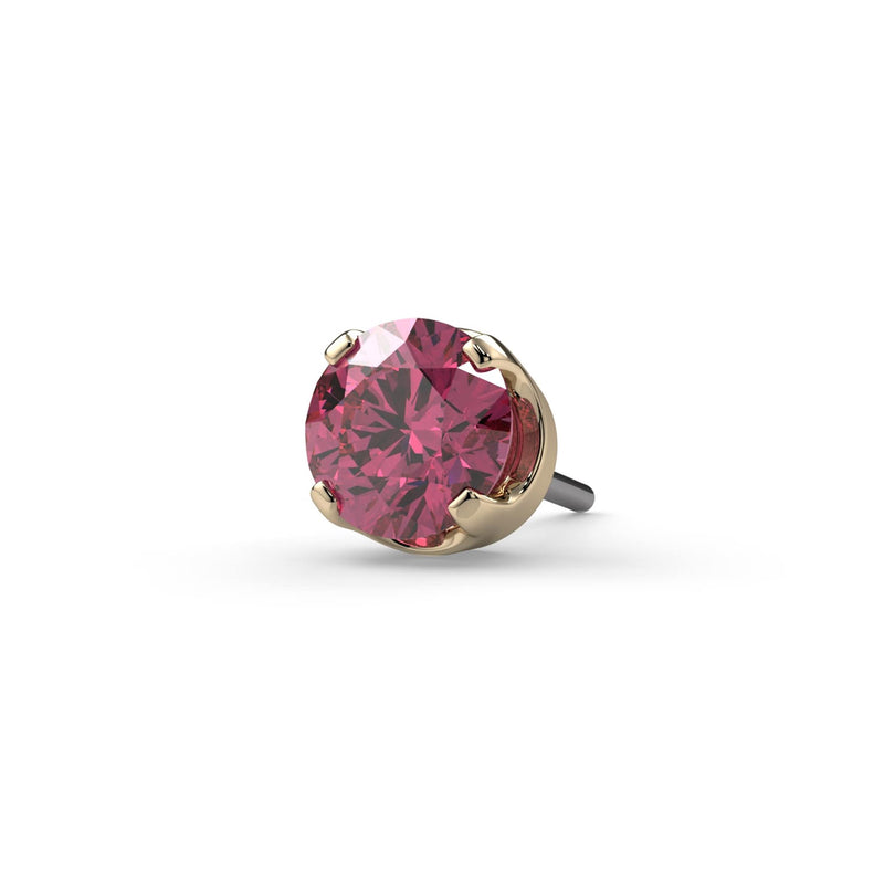 Close-up of 2.5mm pink diamond threadless push-pin end in 14k yellow gold four-prong setting